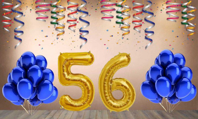 Balloonistics Gold Number 56 Foil Balloon and 25 Nos Blue Metallic Shiny Latex Balloon  (Set of 1)