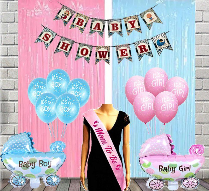 SOI Baby Shower Decorations Kit Banner, Sash, Curtains, Cart Shape foil Balloons and Printed Balloons for Baby Shower Mom to Be Welcome Baby Decoration Materials Products Items Supplies  (Set of 16)