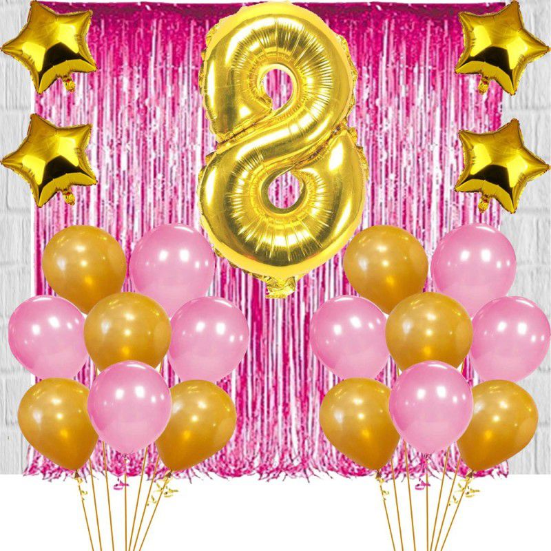 Acril 8TH Birthday Baby Girl/Boy Decoration Combo. Foil curtain Pink (2pc) Number Foil Balloon(1pc) and Gold & Pink Metallic Balloons (50pc) Gold Star(4pc) Set of 57Pcs  (Set of 57)