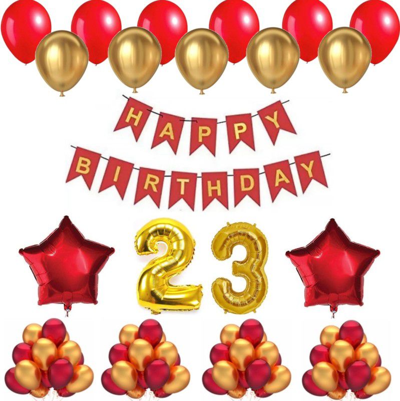 Alaina Happy Birthday Decoration Kit 55 Pcs Combo Pack - 1 Pc of Happy Birthday Banner (Red & Golden Color) + 50 Pcs Metallic Balloons + 2 Pcs Red Foil Stars + 23 Number Foil in Golden Color  (Set of 55)