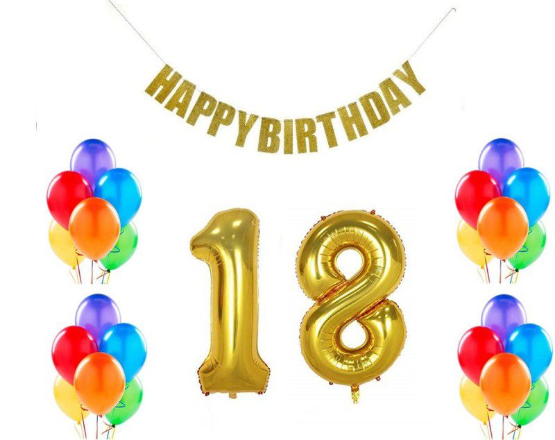 MoohH Combo For Birthday Party Decoration ( Guilter Happy Birthday Banner + 18 Number Gold Foil balloon + 50 pcs Multicolor Metallic balloon) (Pack of 53)  (Set of 53)