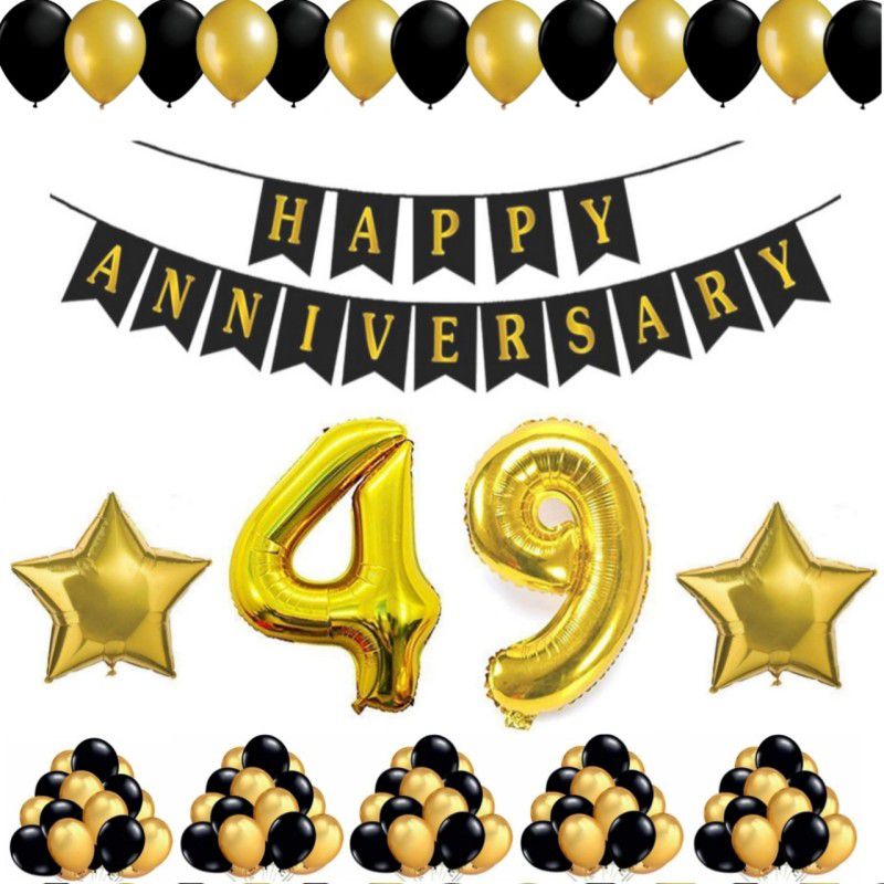 Alaina Happy Anniversary Decoration Kit 55 Pcs Combo - 1 Pc Happy Anniversary Banner (Black & Golden Color) + 50 Pcs Metallic Balloons + 2 Pcs Golden Foil Stars + 49 Number Foil in Golden Color  (Set of 55)