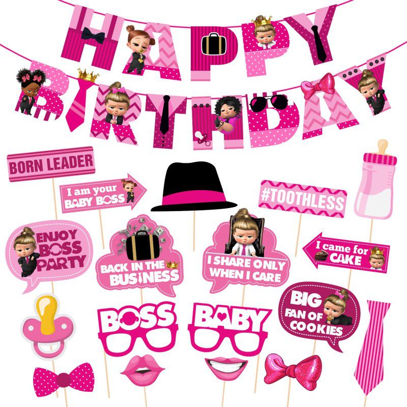 ZYOZI Baby Girl's Boss Theme Party Supplies for Girls Baby Birthday Decorations Favors With Banner and Photo Booth ( pack of 19)  (Set of 19)