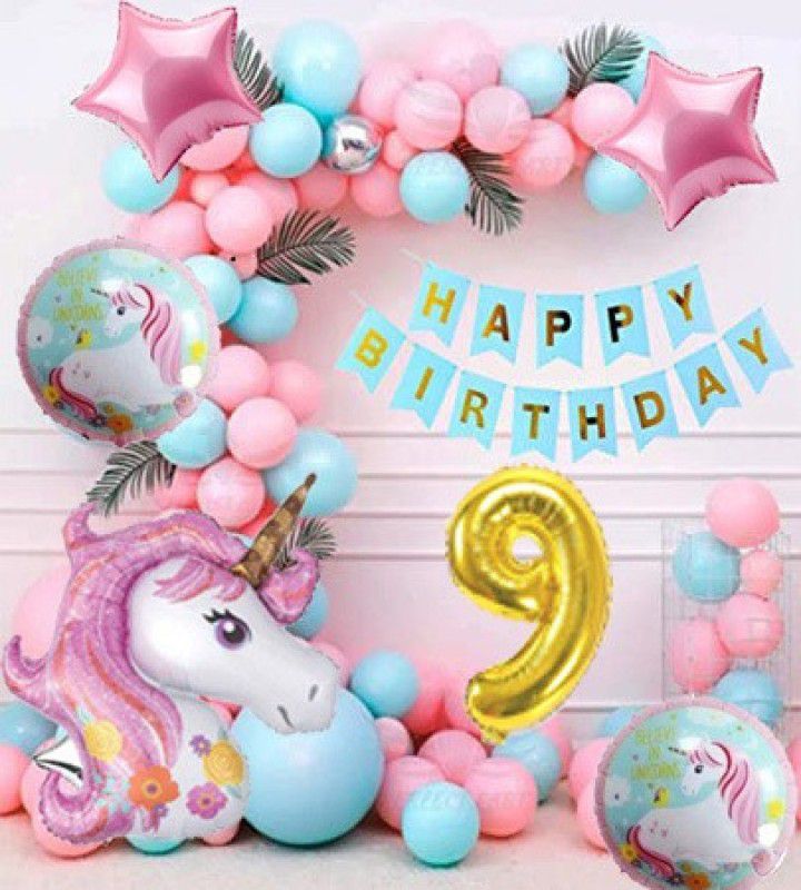 Aoes Unicorn Theme Birthday Party Decoration For Boy & Girl For Ninth Birthday  (Set of 37)