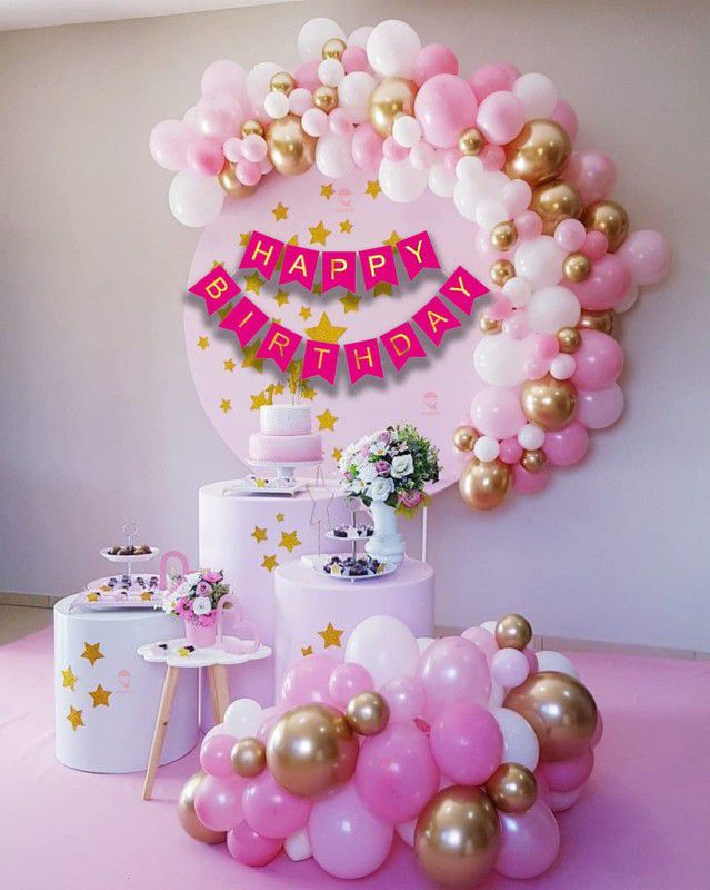 SOI Birthday Decoration Kit Pink White Pastel Balloons Combo with Birthday Banner  (Set of 53)
