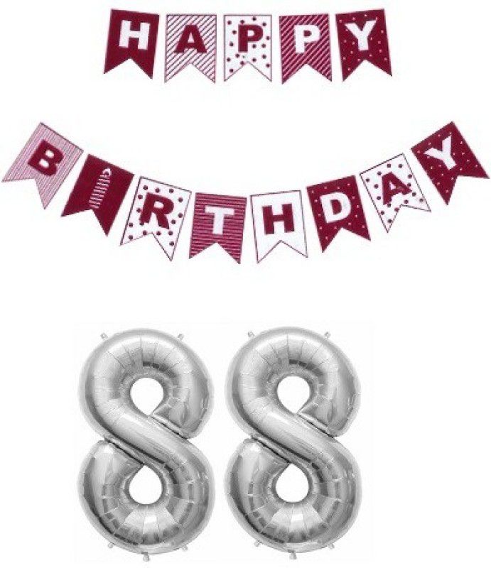 Uniqon Combo Of Red Color Printed Happy B.Day Banner With Silver'88' Digit Balloon  (Set of 2)