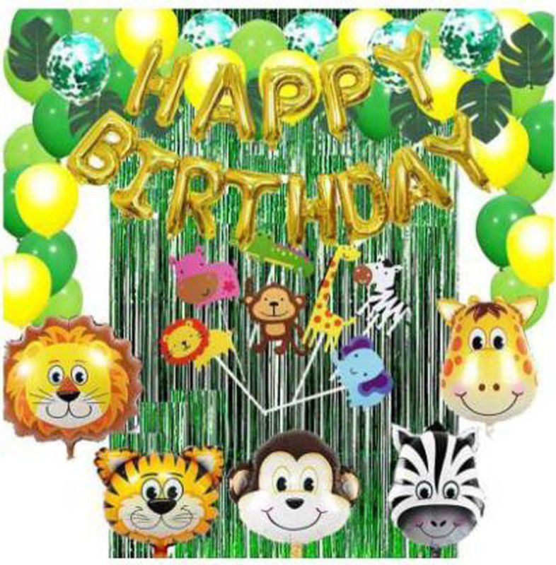 Saikara Collection Solid Happy Birthday Foil Balloon Set of 76 Balloons 13 Happy Birthday Gold Foil Balloon 6 Animal Foil Balloon 5 Green Confetti Balloon 2 Green Foil Curtain 50 Green Yellow Blue Metallic Balloon  (Set of 76)