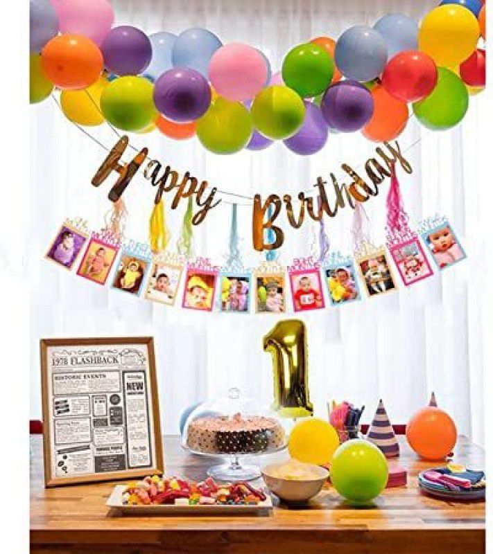 Fun and Flex Rainbow theme 1st happy Birthday decoration with Photo frame banner for Kids  (Set of 54)