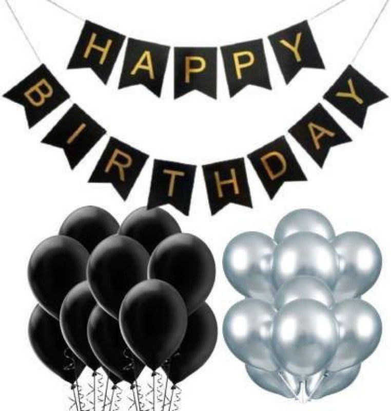 Roshni Creations roshni creation Solid Birthday Decoration Combo Kit 1 Piece Black Happy Birthday Banner, Metallic Silver and Black Balloons 30 Party Decorations Balloon (Black, Silver, Pack of 31)  (Set of 31)
