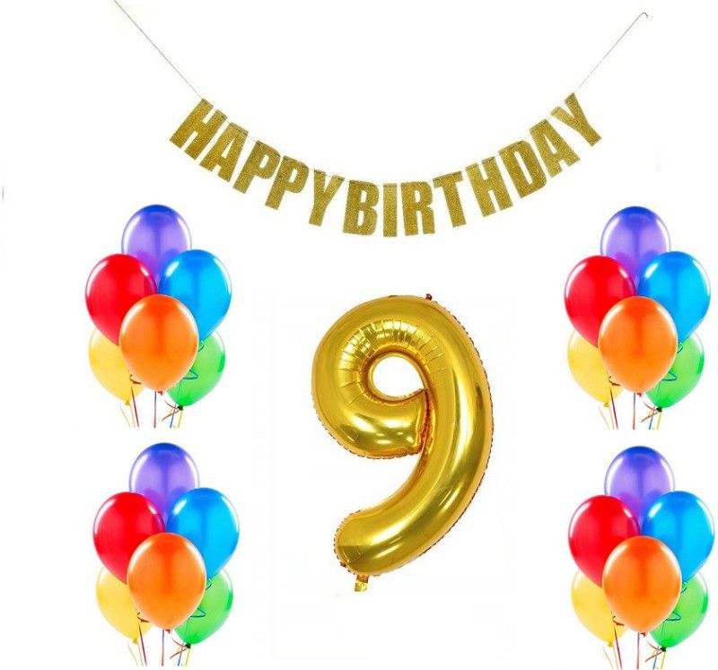 MoohH Combo For Birthday Party Decoration ( Guilter Happy Birthday Banner + 9 Number Gold Foil balloon + 50 pcs Multicolor Metallic balloon) (Pack of 52)  (Set of 52)