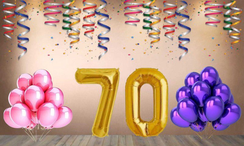 Balloonistics Gold Number 70 Foil Balloon and 25 Nos Pink Purple Metallic Shiny Latex Balloon  (Set of 1)