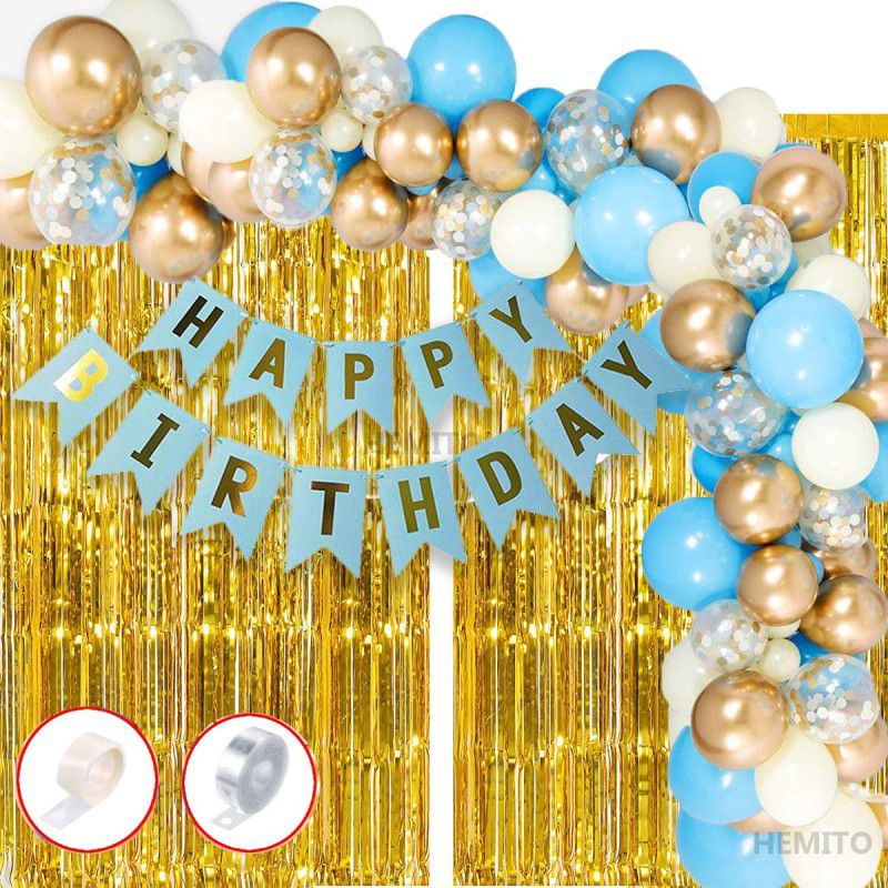 ShopGlobal 93Pcs Happy Birthday Balloons Decoration Items Combo Kit Blue Gold White  (Set of 93)