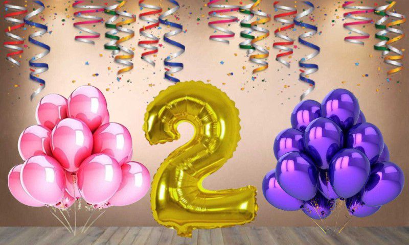 Balloonistics Gold Number 2 Foil Balloon and 25 Nos Pink Purple Metallic Shiny Latex Balloon  (Set of 1)