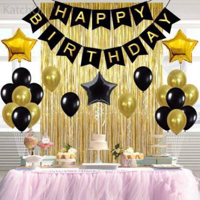Yash Enterprises Happy Birthday Banner 3 Star Foil Balloon 2 Curtain 50 Black Gold 60 Balloon  (Set of 60)