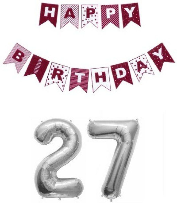 Utkarsh Combo Of Red Color Printed Happy B.Day Banner With Silver'27' Digit Balloon  (Set of 2)