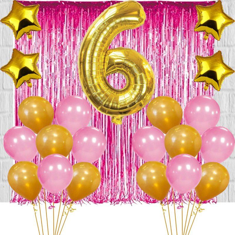 Acril 6TH Birthday Baby Girl/Boy Decoration Combo. Foil curtain Pink (2pc) Number Foil Balloon(1pc) and Gold & Pink Metallic Balloons (10pc) Gold Star(4pc) Set of 17Pcs  (Set of 17)