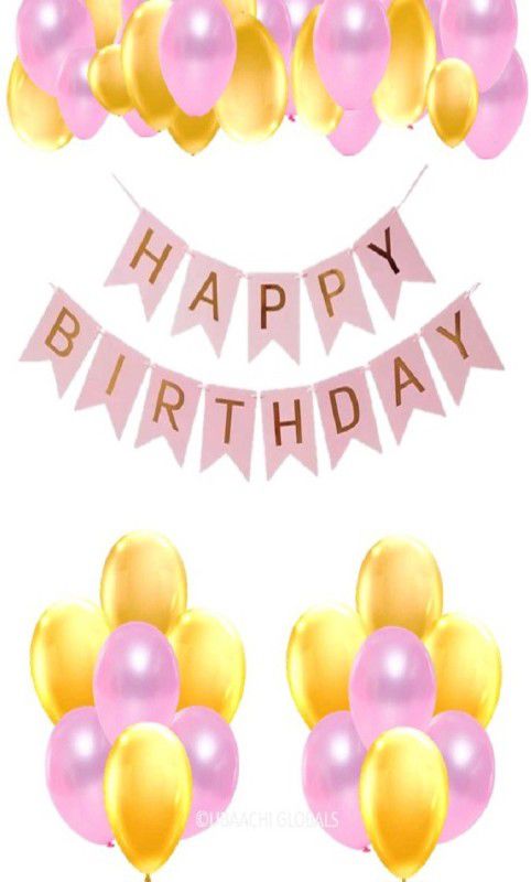 UBAACHI PREMIUM HBD BANNER COMBO OF 25PCS WITH PINK & GOLD BALLOON FOR PARTY DECORATION  (Set of 25)