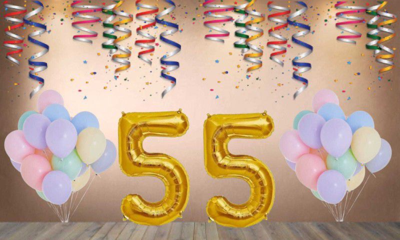 Balloonistics Gold Number 55 Foil Balloon and 25 Nos Pastel Multicolor Latex Balloon  (Set of 1)
