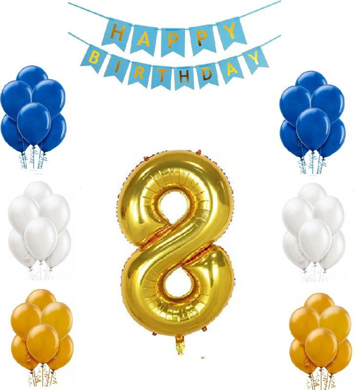 FANEX Combo For Birthday Party Decoration (Blue Happy Birthday Bunting Banner + 8 Number Gold Foil balloon + 50 pcs Blue,White & Gold Metallic balloon) (Pack of 52)  (Set of 52)