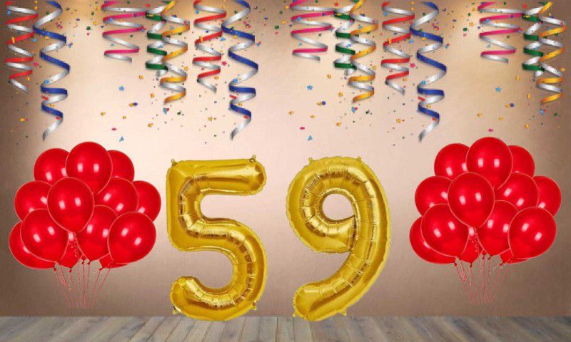 Balloonistics Gold Number 59 Foil Balloon and 25 Nos Red Metallic Shiny Latex Balloon  (Set of 1)