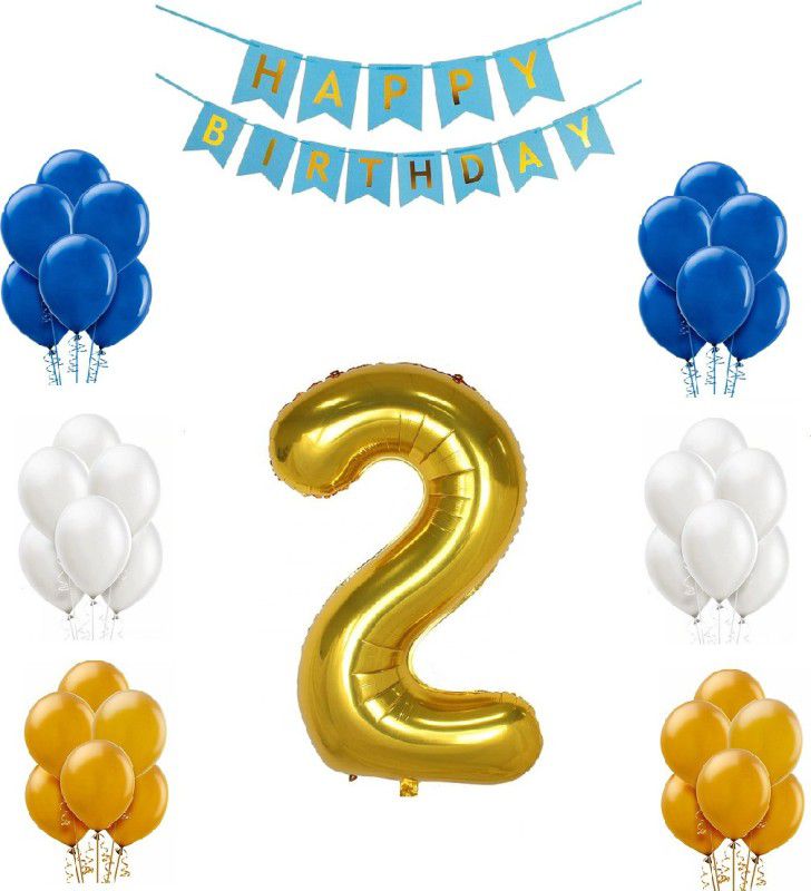 FANEX Combo For Birthday Party Decoration (Blue Happy Birthday Bunting Banner + 2 Number Gold Foil balloon + 50 pcs Blue,White & Gold Metallic balloon) (Pack of 52)  (Set of 52)
