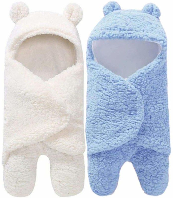 Solid Single Hooded Baby Blanket  (Microfiber, White Blue)