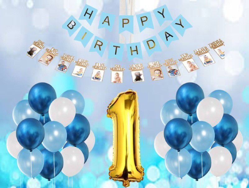 SV Traders Blue 1st Birthday Boy Decoration Total-56 Pcs-Blue Bunting Banner(13)+1-12 Months Photo Banner(12)+1 No.Golden Foil 32 Inches(1)+Metallic Balloons Dark Blue(10)+Light Blue(10)+White(10)  (Set of 1)