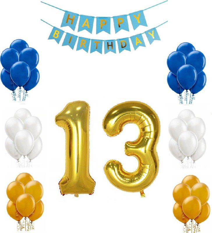 FANEX Combo For Birthday Party Decoration (Blue Happy Birthday Bunting Banner + 13 Number Gold Foil balloon + 50 pcs Blue,White & Gold Metallic balloon)  (Set of 53)