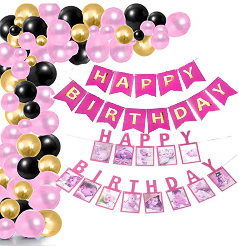 Dinipropz Pink Birthday Decoration Items Combo Set With Photo Banner For Girls  (Set of 48)
