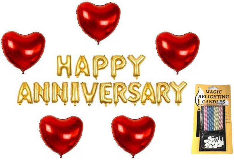 Utkarsh Set Of Golden Color Happy Anniversary And 5 Pcs Red Heart Balloon And Magical Cake Candle