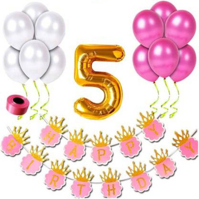 Saikara Collection Fifth/5th happy birthday banner/balloons combo/kit pack for party decorations  (Set of 45)