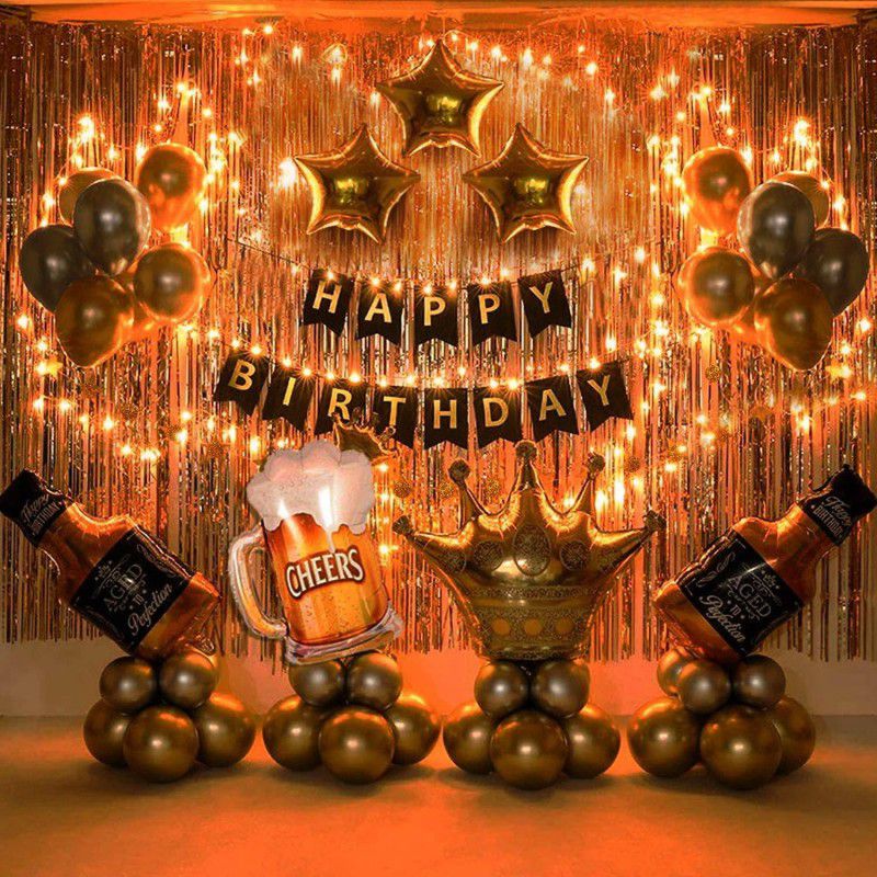 Wisdom Decor Solid Happy Birthday Banner Decoration Kit - 63Pcs Set for Boys Husband Balloons Decorations Items Combo with Cheers Foil Balloon Crown Foil, Age Perfect, Metallic Balloons With Fairy Light  (Set of 63)
