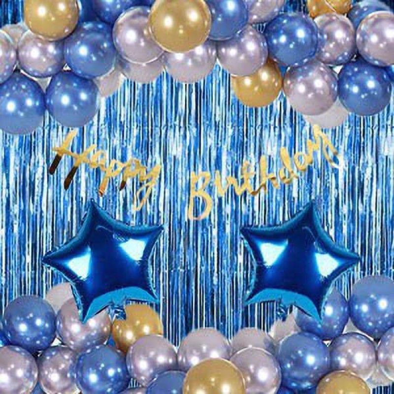 PARTY BREEZE blue golden silver happy birthday theme decoration kit combo with Banner, Balloons, star foil 41pcs for Birthday Decoration Boys, Kids, Girl, Husband, Wife, Girl Friend, Adult.  (Set of 34)