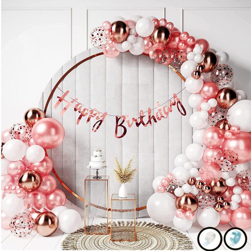 SOI Birthday Decoration Kit 60 pc Rose Gold and White Metallic Balloons Combo  (Set of 65)