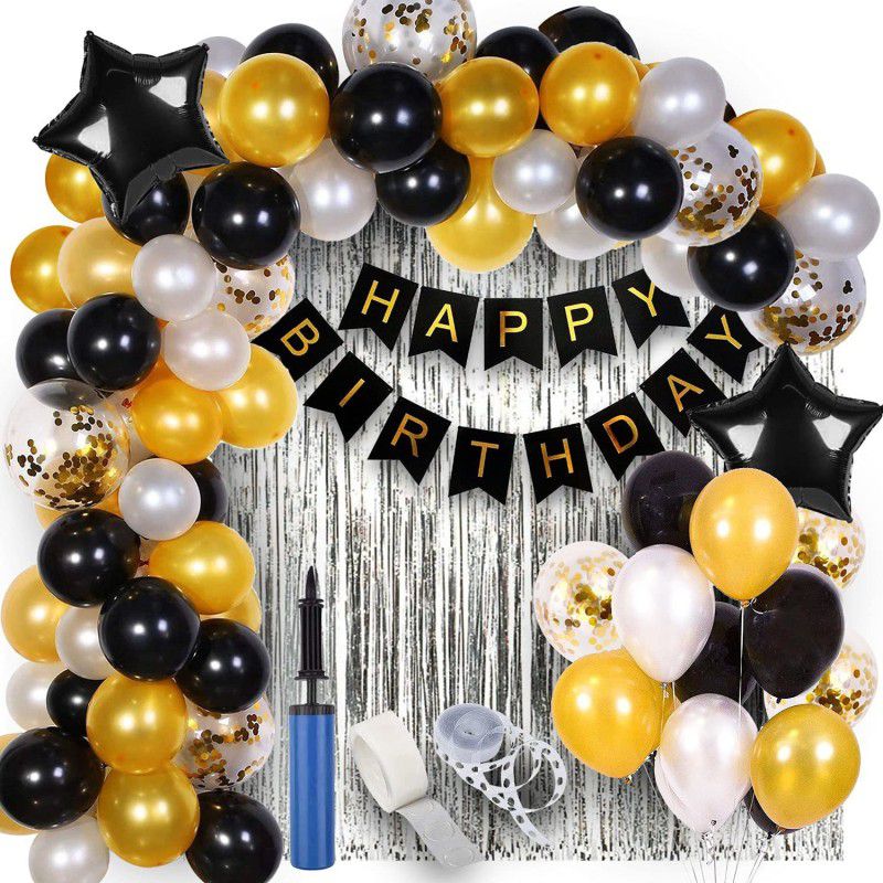 1iAM Birthday Decoration with silver foil curtain,metallic confetti balloons and pump  (Set of 63)