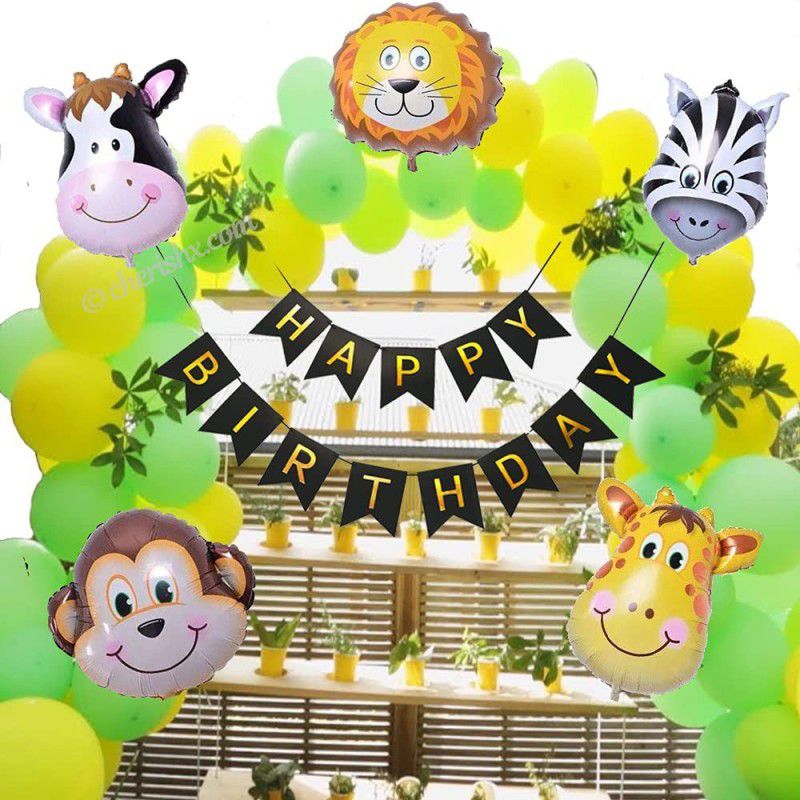 1iAM Jungle Theme Kids Birthday Decoration Items-green yellow balloons combo  (Set of 47)