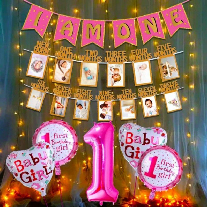 FLIPZONE Pink 1st Birthday Decoration for Baby Girl with Warm Led Light combo kit.  (Set of 8)