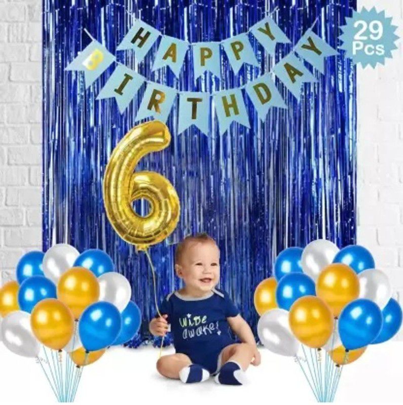 SUSANYA 1 HB Banner, 25 Balloons,2 Foil Curtains,6th No foil balloon (Blue, White, Gold)  (Set of 29)