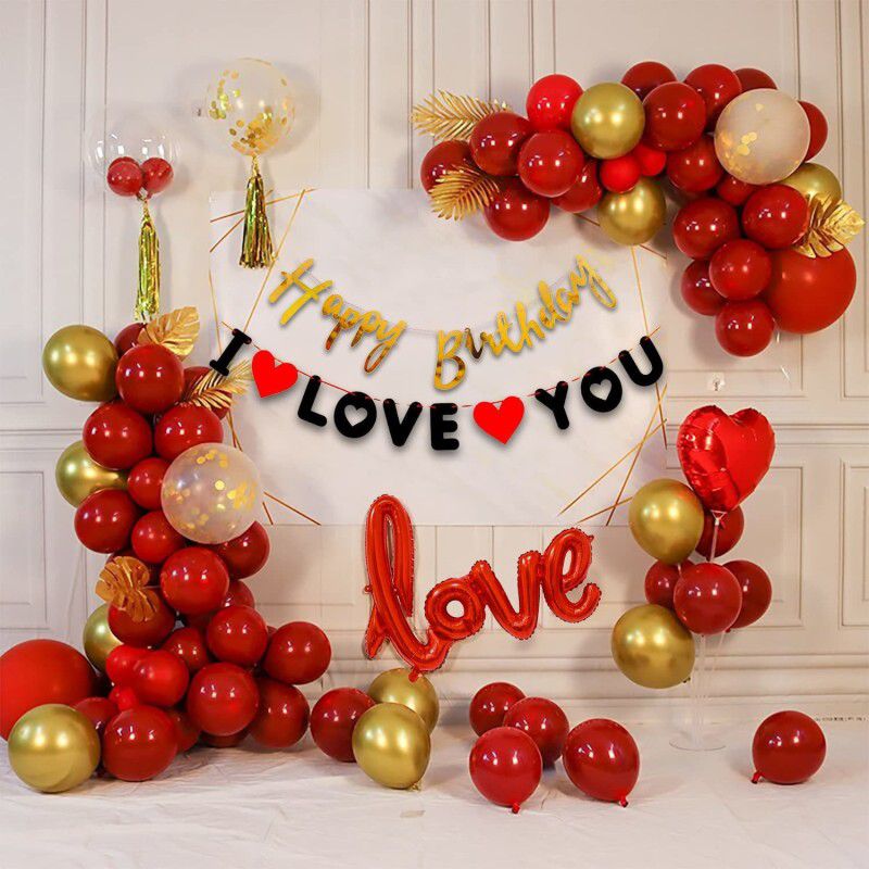 Probang I Love You Decoration Happy Birthday Combo Kit 35Pcs Red -Gold Metallic Balloon