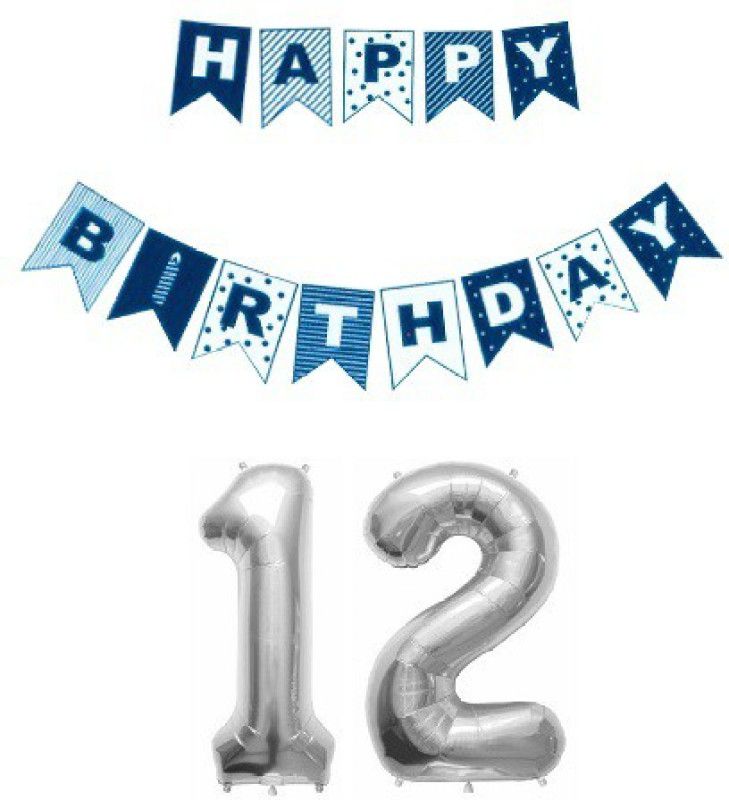 Uniqon Combo Of Blue Color Printed Happy B.Day Banner With Silver'12' Digit Balloon  (Set of 2)