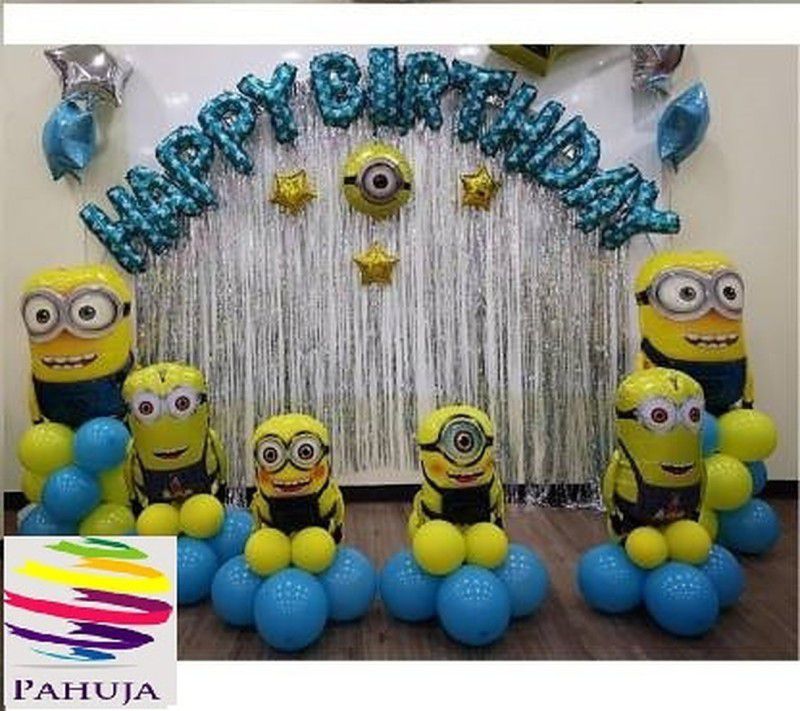 PAHUJA MINION theme HAPPY BIRTHDAY combo(1 happy birthday 13 letter foil ,2minion, 2 silver frill curtain,33 blue and yellow balloon) pack of 50 (Set of 50)  (Set of 50)