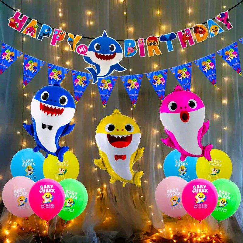 Miss & Chief Baby Shark Birthday Decorations Kit for Kids Boys Girl Babies Toddlers Decorations Materials - Led Light Foil Balloons Happy Birthday Pennant Banner Unique Items 16 Pcs  (Set of 16)