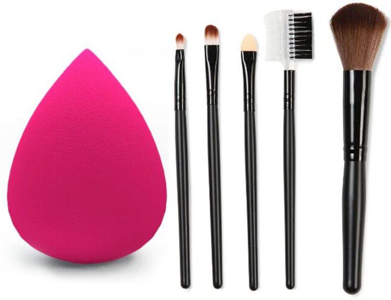 skyowings Beauty Blender Makeup Sponge Facial Cream Powder Puff Foundation with 5pcs Makeup Brush Set  (Pink)