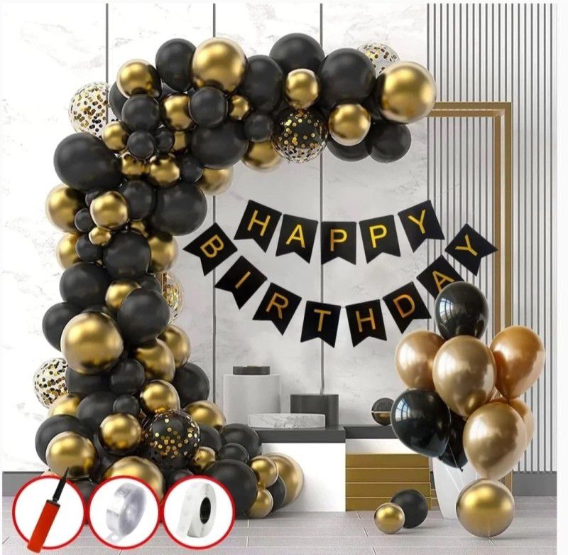 Zebra finch Super hit black gold balloons.happy birthday celebration combo set of 69 items.  (Set of 69)