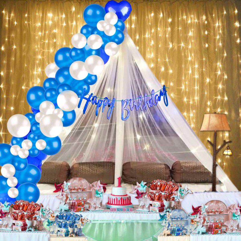 1iAM Cabana Tent Birthday Decoration Package White Net and Blue - White Balloons  (Set of 45)