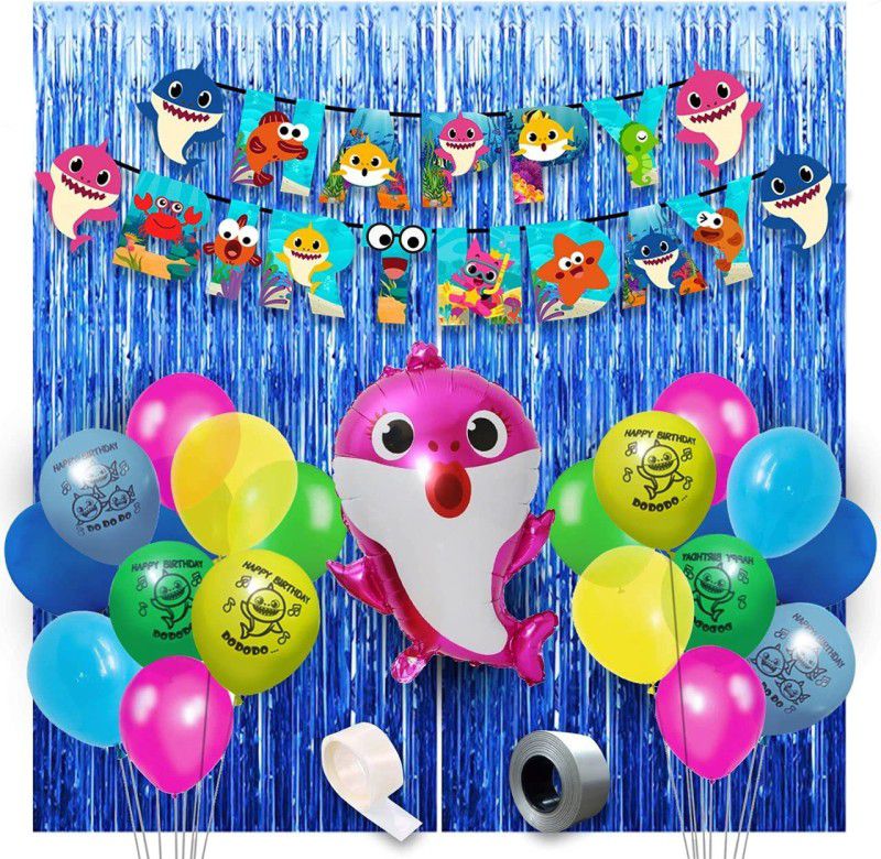 Miss & Chief Baby Shark Birthday Decorations - 46Pcs Combo Set - Baby Shark Theme Happy birthday Banner, Balloons, Baby Shark Foil Balloon, Foil Curtain - Baby Shark Party Supplies for Girls Or Boys - Kids Theme  (Set of 46)
