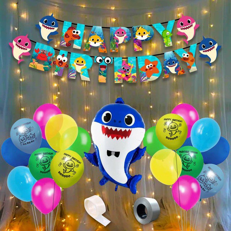 Miss & Chief by Flipkart Baby Shark Birthday Decorations - 45Pcs Combo Set - Baby Shark Theme Happy birthday Banner, Balloons, Baby Shark Foil Balloon, Fairy Lights - Baby Shark Party Supplies for Girls Or Boys - Kids Theme  (Set of 45)