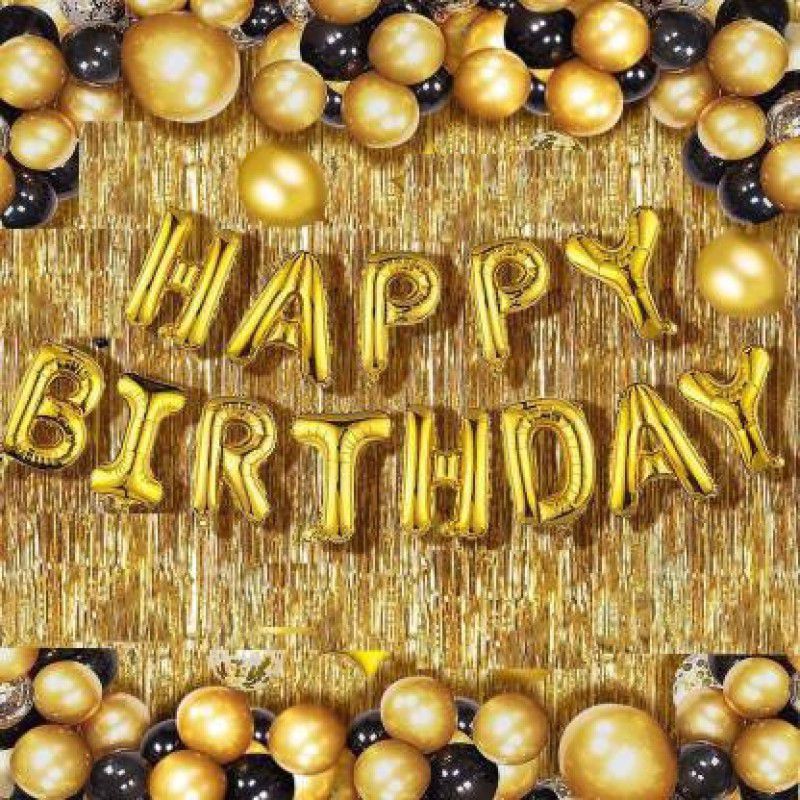 SHOPTIONS Happy Birthday Golden Foil Letter Balloons(13 foil letter 1 pack)With 30 Pic Black Gold Balloons And 2 Pcs Golden Metallic Fringe Shiny Curtains(Pack Of 45) Balloon (Gold, Black, Pack of 45)  (Set of 45)