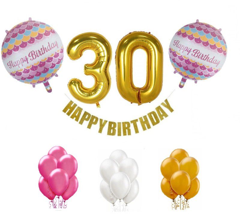 Tiank Innovation Combo for Birthday Party Decoration (Pink , White & Gold Happy Birthday Bunting Banner + 30 Number Gold Foil Balloon + 2 Round Foil Balloon + 50 Pcs Gold , Pink & White Metallic Balloon) (30 Number Combo)  (Set of 55)