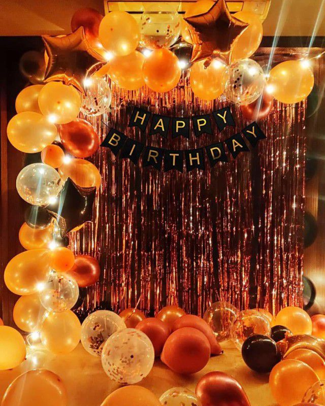 Bubble Trouble Rose Gold Birthday Decorations Items With Led Lights-69Pcs/Happy Bday Confetti Balloons,Black Banner, Foil Curtain Star Foil Ballons For Celebration/Balloon Item Kit Combo  (Set of 69)